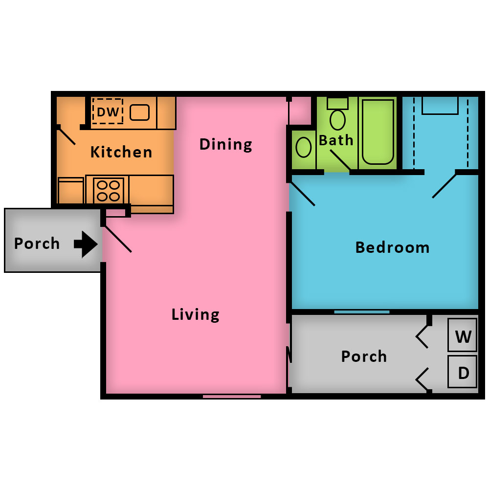 This image is the visual schematic floorplan representation of 1 Bed | 1 Bath | Por at Las Palomas Apartments.